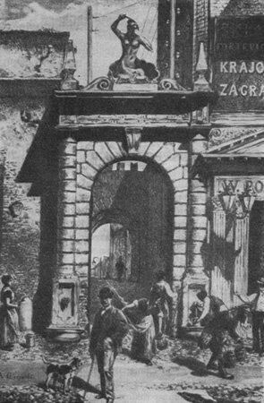 Syrenka na bramie na ulicy Karowej w latach 1855 - 1898